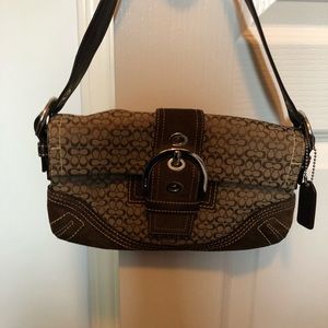 Coach brown leather signature C jacquard bag
